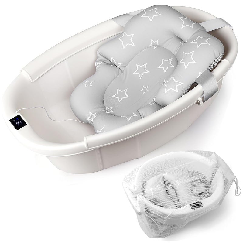 EverKiddo Baby Bathtub, Baby Bath Tub with Thermometer & Soft Cushion, Collapsible Infant Bathtub for Newborn to Toddler 0-36 Months, Quick Use & Portable for Travel(White) - Image 1